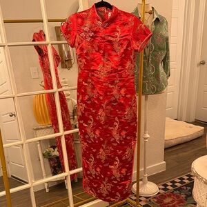 Vibrant Red Floral Midi Dress